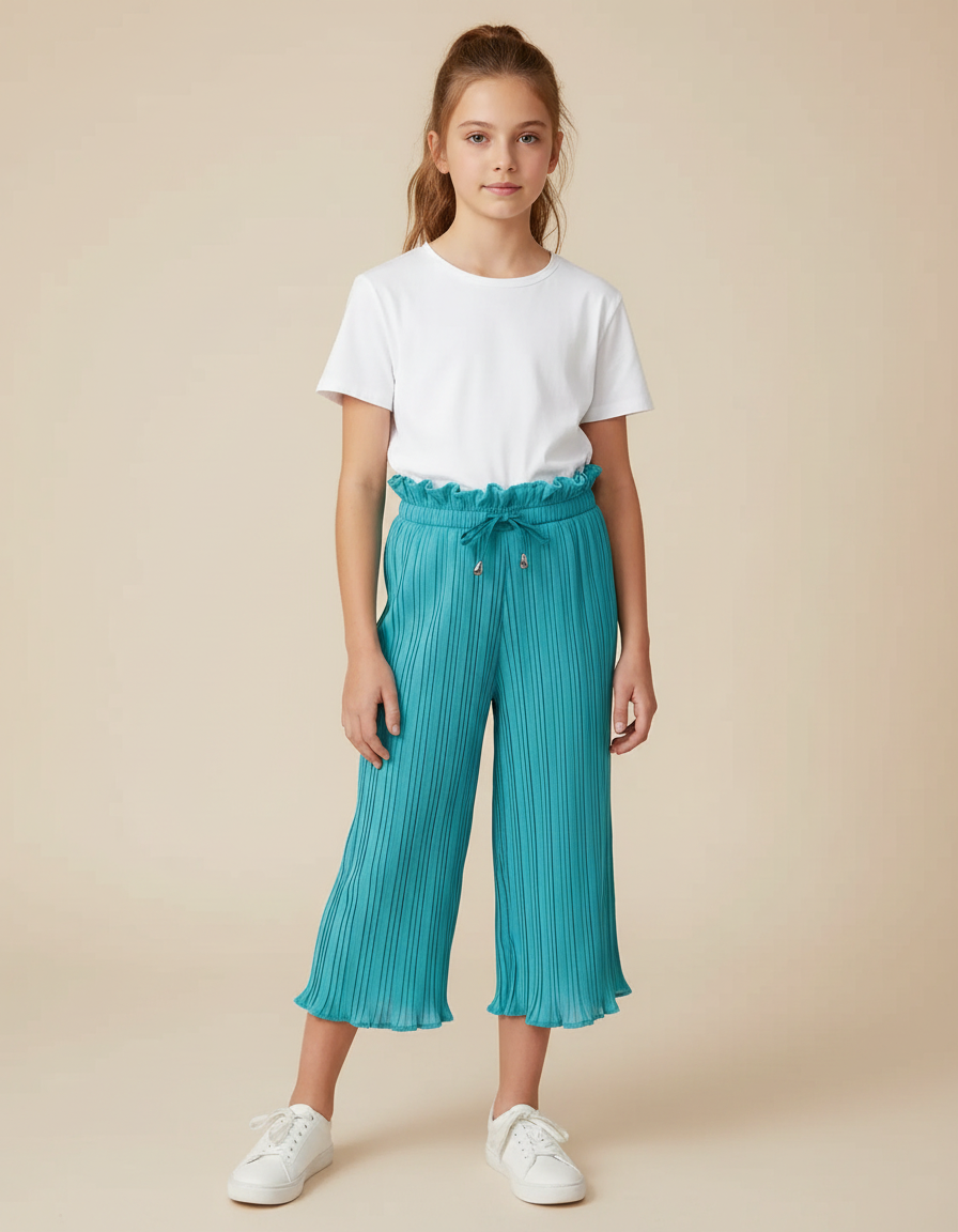 Pantalon Jupe Plissé Turquoise Ample Fille Décontracté - Bleu Polyester