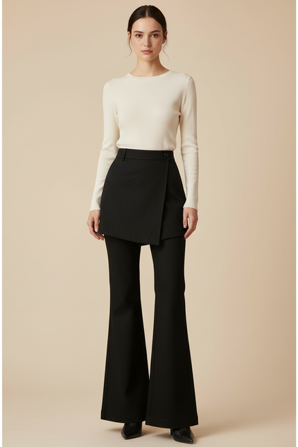 Pantalon Jupe Noir Évasé Élégant Taille Haute - Gabardine