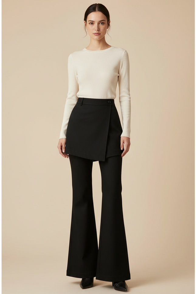 Pantalon Jupe Noir Évasé Élégant Taille Haute - Gabardine