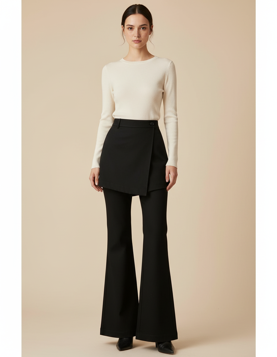 Pantalon Jupe Noir Évasé Élégant Taille Haute - Gabardine