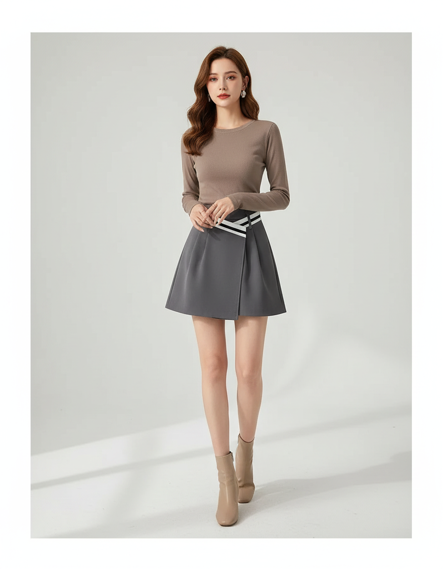 Pantalon Jupe Gris Plissé Irrégulier Décontracté Femme - Polyester