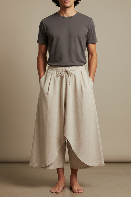Pantalon Jupe Lin Ample Asymétrique Décontracté Beige