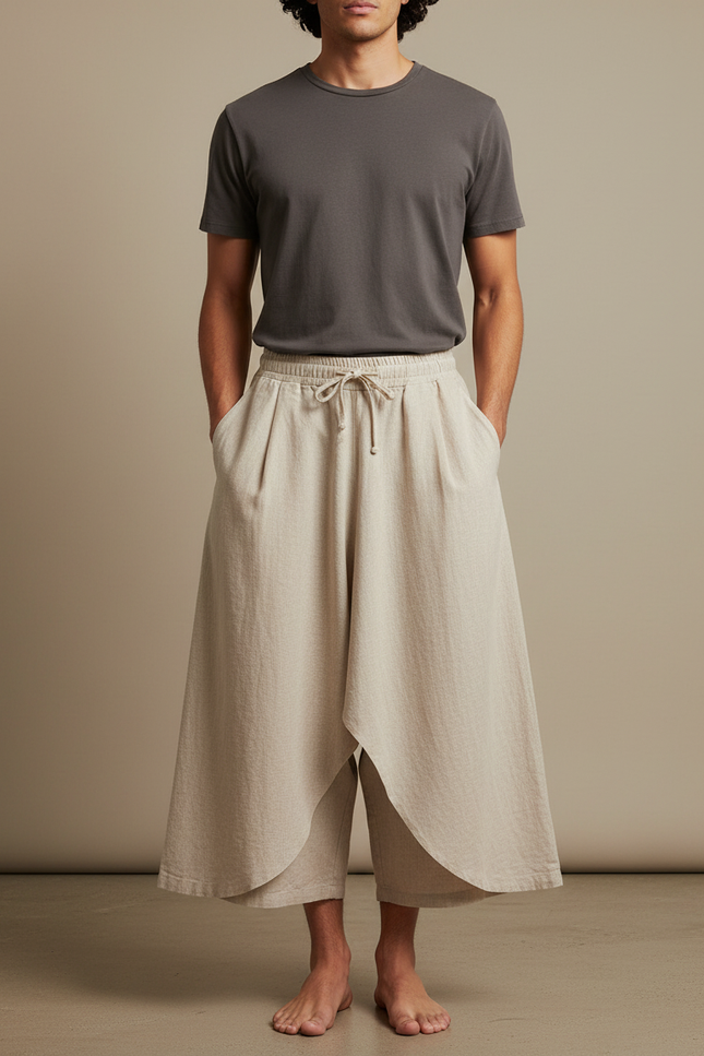Pantalon Jupe Lin Ample Asymétrique Décontracté Beige