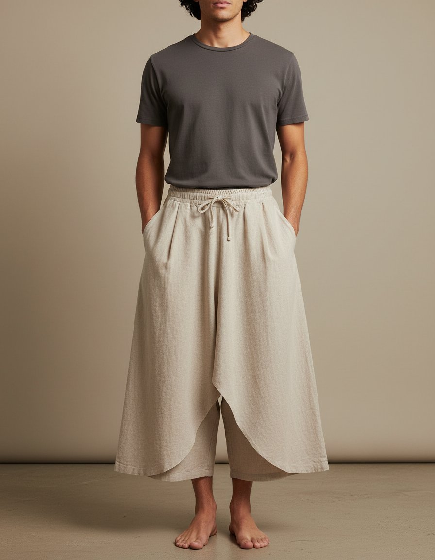 Pantalon Jupe Lin Ample Asymétrique Décontracté Beige
