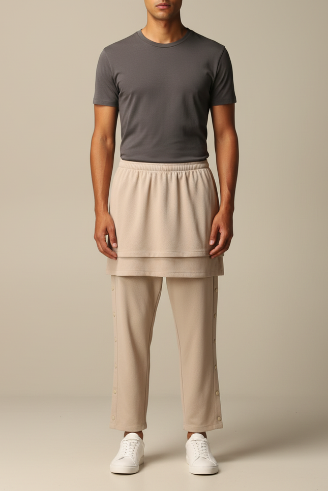 Pantalon Jupe Beige Superposé Décontracté Homme Moderne - Molleton