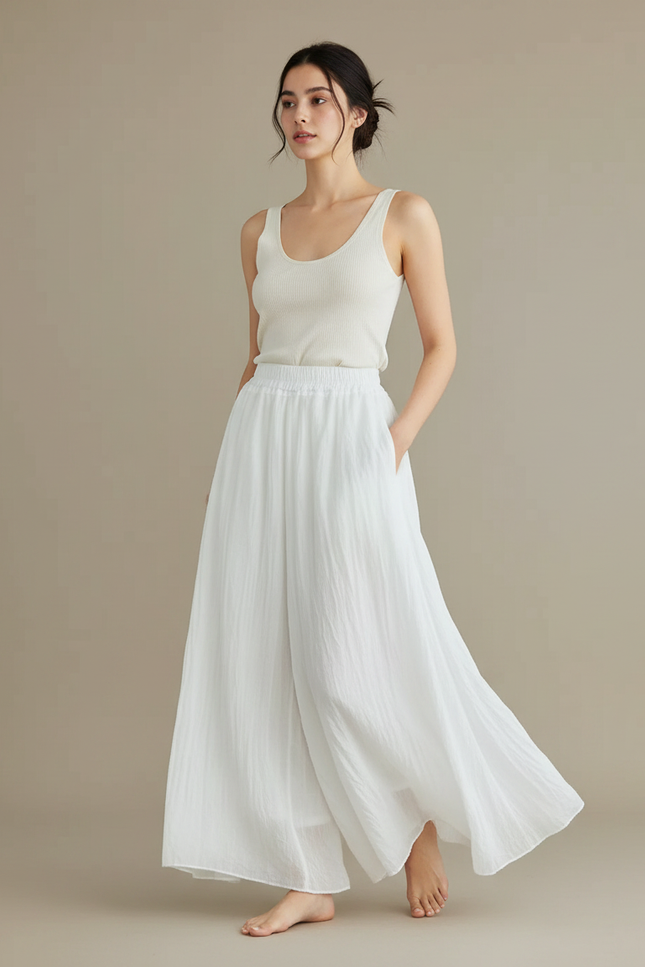 Pantalon Jupe Ample Blanc Coton Lin Fluide