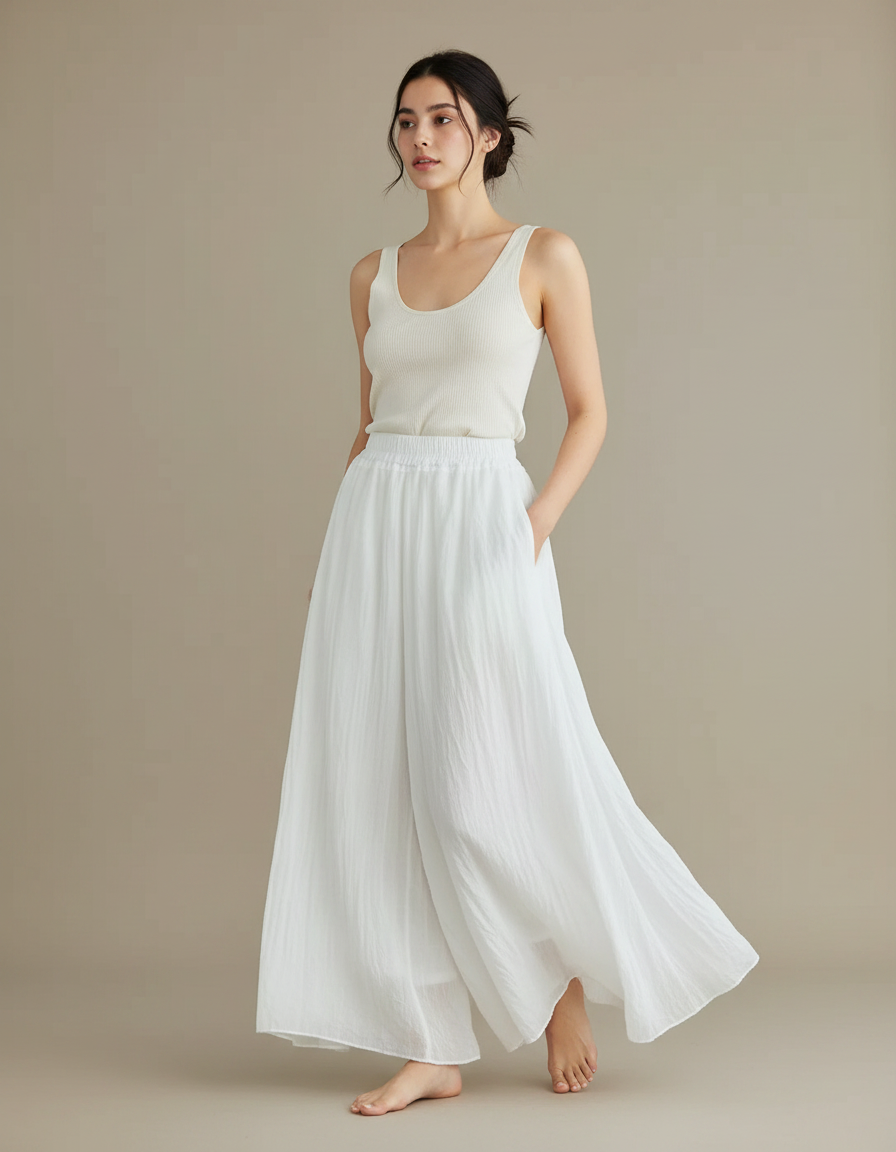 Pantalon Jupe Ample Blanc Coton Lin Fluide