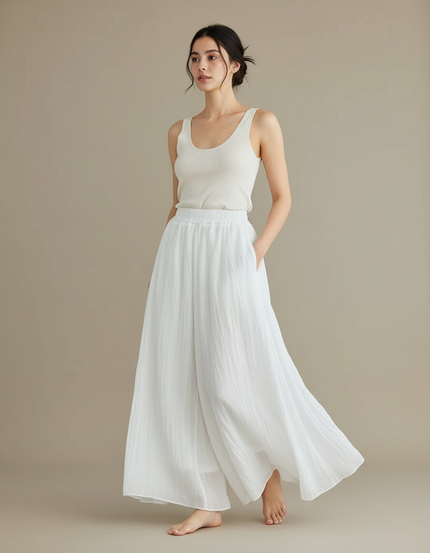 Pantalon Jupe Ample Blanc Coton Lin Fluide
