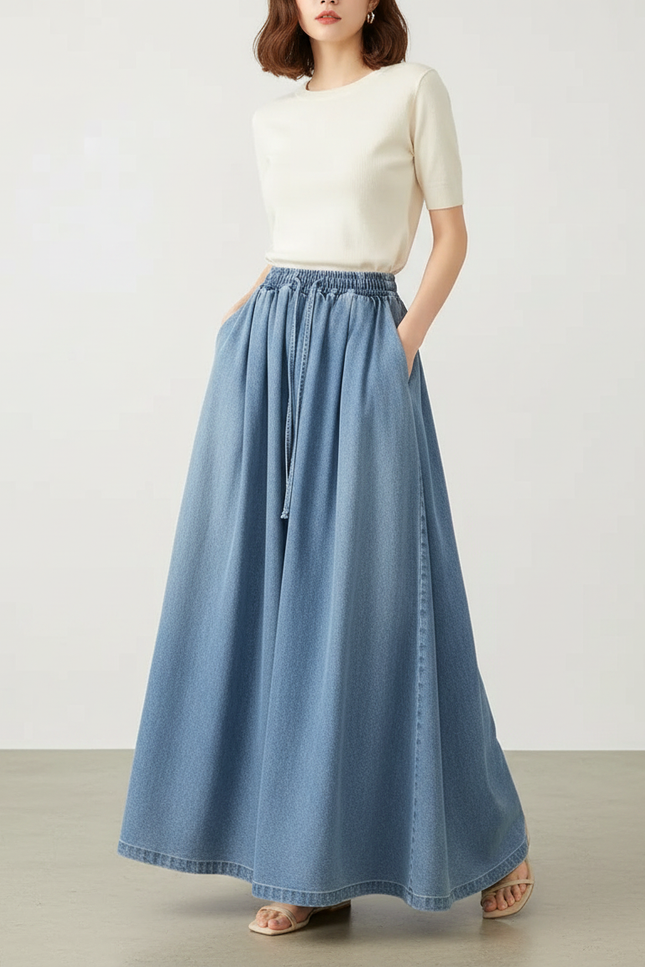 Pantalon Jupe Denim Ample Longue Fluide Élégante - Bleu Jean