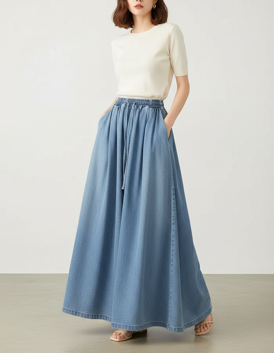 Pantalon Jupe Denim Ample Longue Fluide Élégante - Bleu Jean