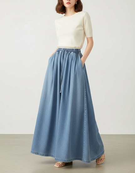 Pantalon Jupe Denim Ample Longue Fluide Élégante - Bleu Jean