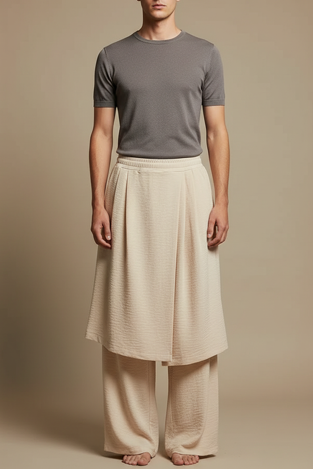 Pantalon Jupe Beige Plissé Ample Superposé Fluide - Viscose