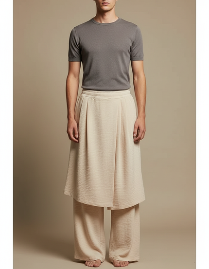 Pantalon Jupe Beige Plissé Ample Superposé Fluide - Viscose