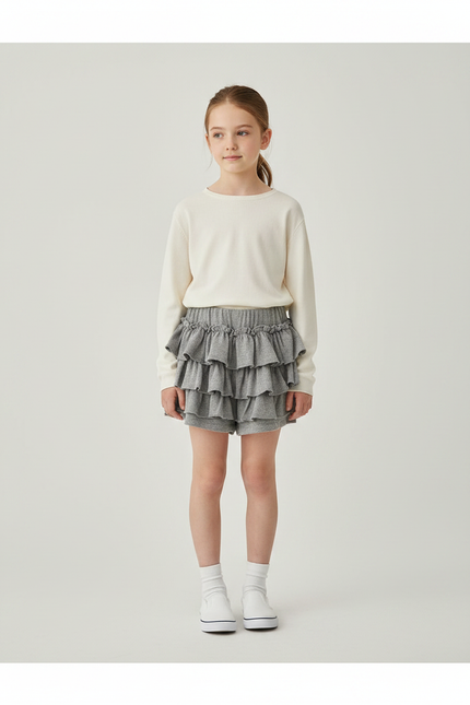 Pantalon Jupe Gris Volants Fille Confortable Décontracté Doux - Molleton