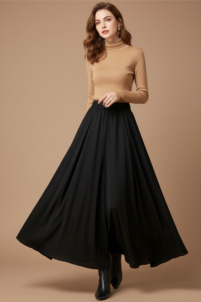 Pantalon Jupe Noir Fluide Ample Élégant Longue - Polyester