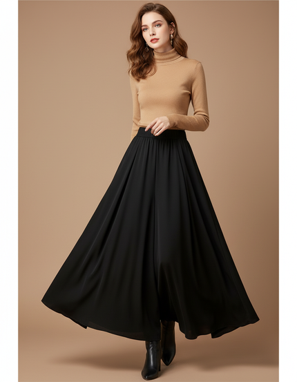 Pantalon Jupe Noir Fluide Ample Élégant Longue - Polyester