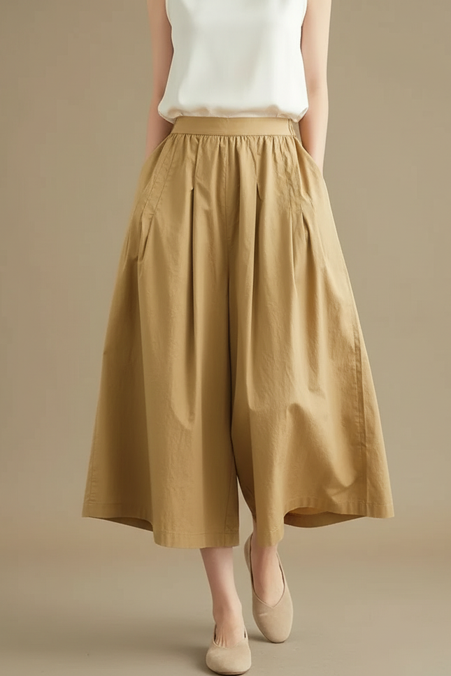 Pantalon Jupe Kaki Coton Ample Fluide Décontracté