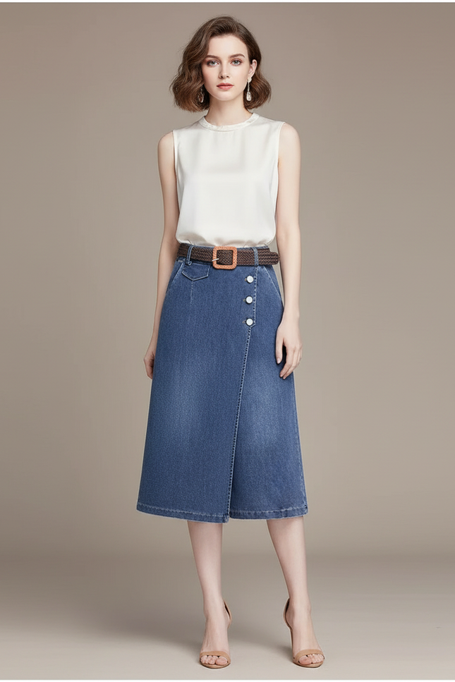 Pantalon Jupe Denim Bleu Mi-long Boutonné Décontracté - Jean