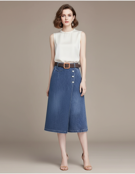 Pantalon Jupe Denim Bleu Mi-long Boutonné Décontracté - Jean
