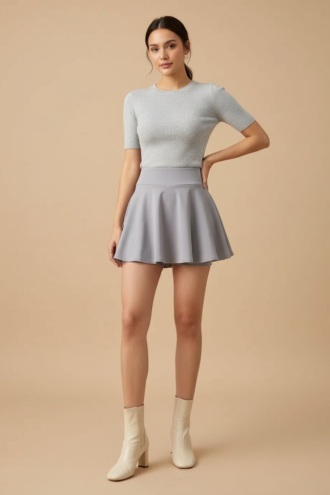 Pantalon Jupe Gris Évasé Mini Décontracté Fluide - Polyester