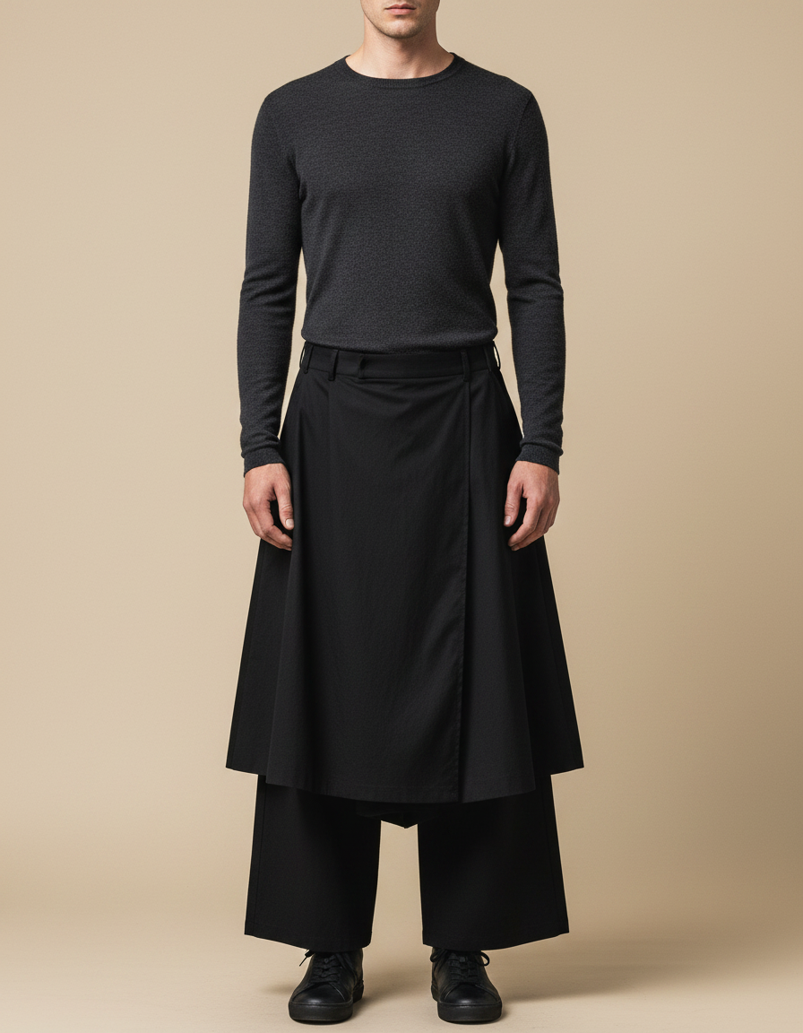 Pantalon Jupe Noir Ample Asymétrique Urbain Homme - Gabardine