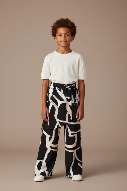 Pantalon Jupe Noir Imprimé Fluide Ample Enfant - Viscose