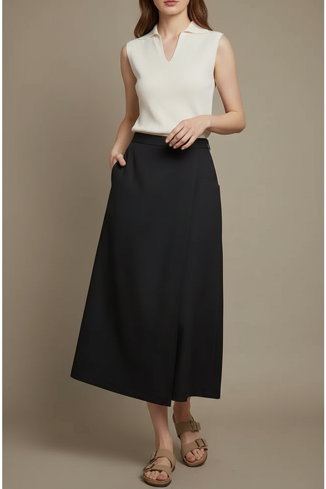 Pantalon Jupe Noir Longue Fluide Élégante Femme - Polyester