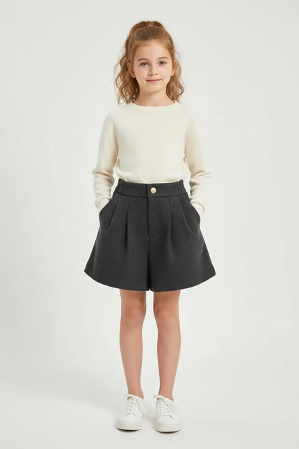 Pantalon Jupe Gris Laine Plissé Évasé Enfant