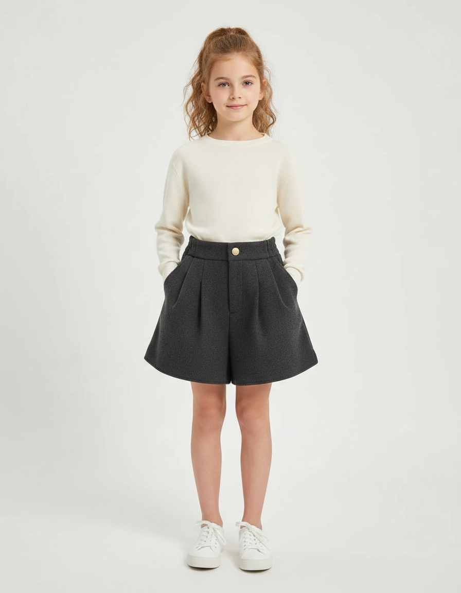 Pantalon Jupe Gris Laine Plissé Évasé Enfant