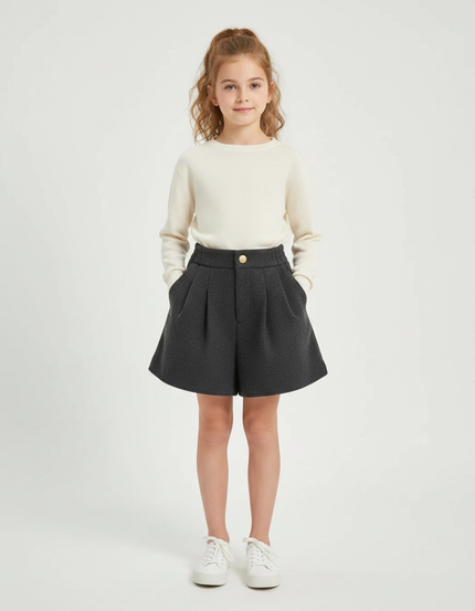 Pantalon Jupe Gris Laine Plissé Évasé Enfant