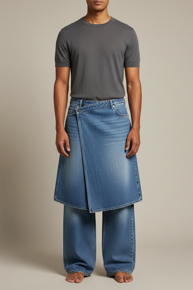Pantalon Jupe Denim Bleu Ample Décontracté Homme - Jean