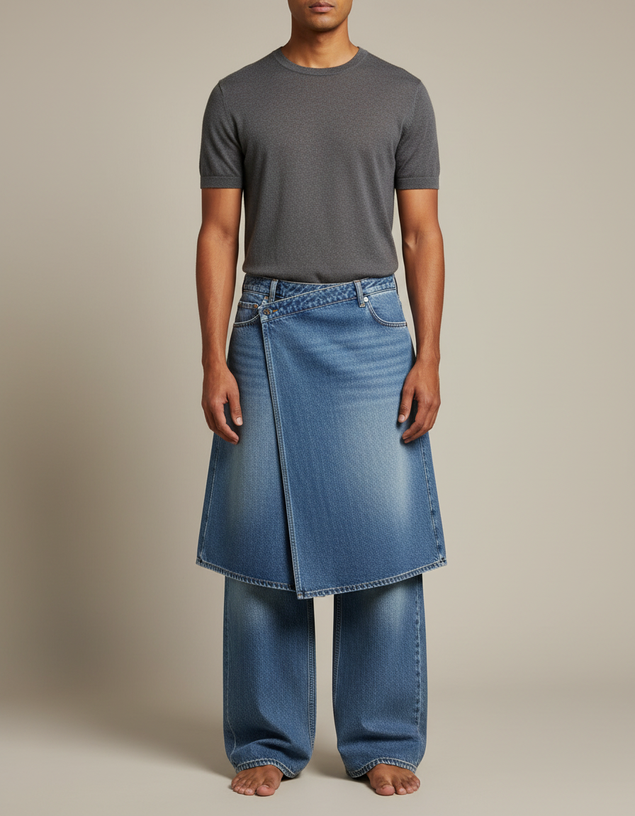 Pantalon Jupe Denim Bleu Ample Décontracté Homme - Jean