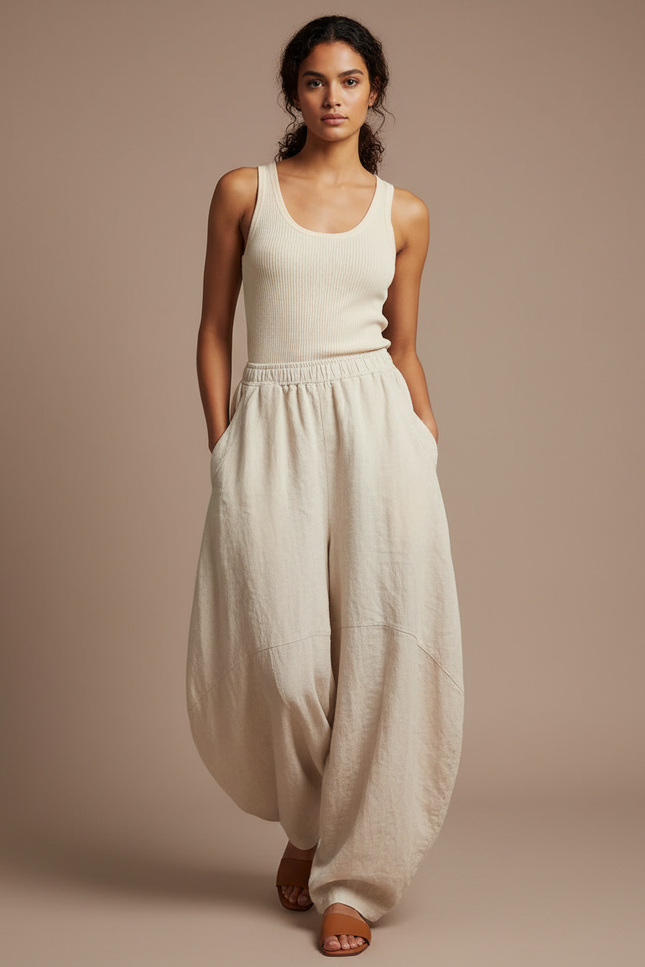 Pantalon Jupe Beige Lin Ample Confortable Élastique