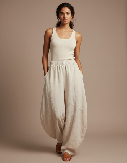 Pantalon Jupe Beige Lin Ample Confortable Élastique