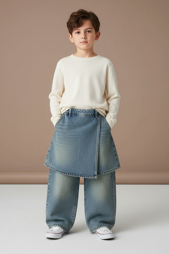Pantalon Jupe Denim Bleu Ample Superposé Enfant - Jean
