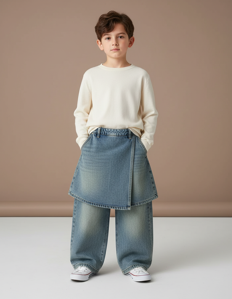 Pantalon Jupe Denim Bleu Ample Superposé Enfant - Jean