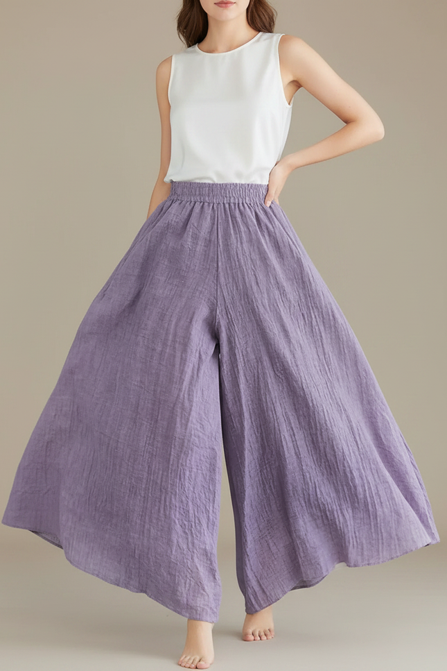 Pantalon Jupe Violet Ample Lin Fluide Décontracté