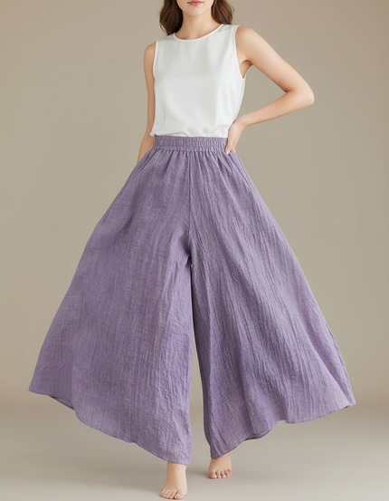 Pantalon Jupe Violet Ample Lin Fluide Décontracté