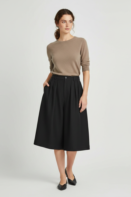 Pantalon Jupe Noir Plissé Ample Fluide Élégant - Gabardine