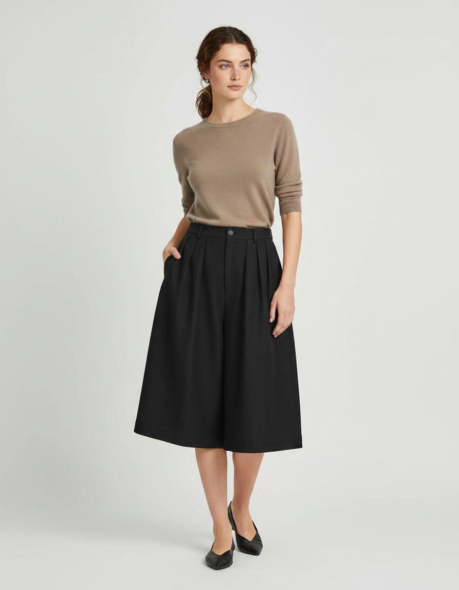 Pantalon Jupe Noir Plissé Ample Fluide Élégant - Gabardine
