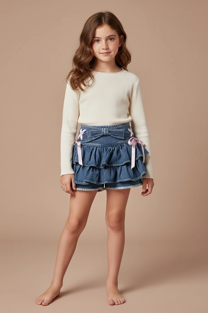 Pantalon Jupe Denim Volants Rubans Rose Fille - Bleu Jean