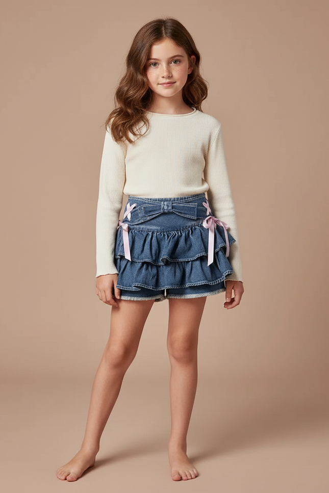 Pantalon Jupe Denim Volants Rubans Rose Fille - Bleu Jean