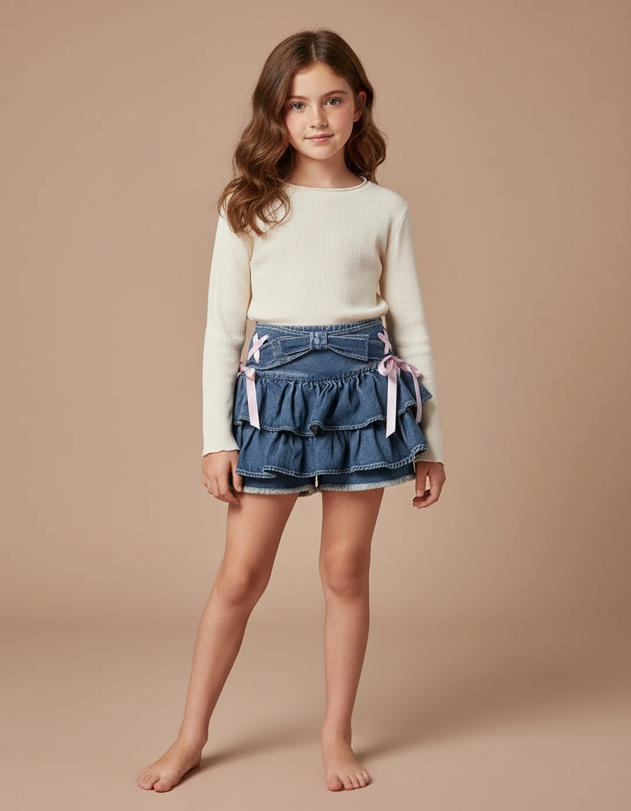 Pantalon Jupe Denim Volants Rubans Rose Fille - Bleu Jean