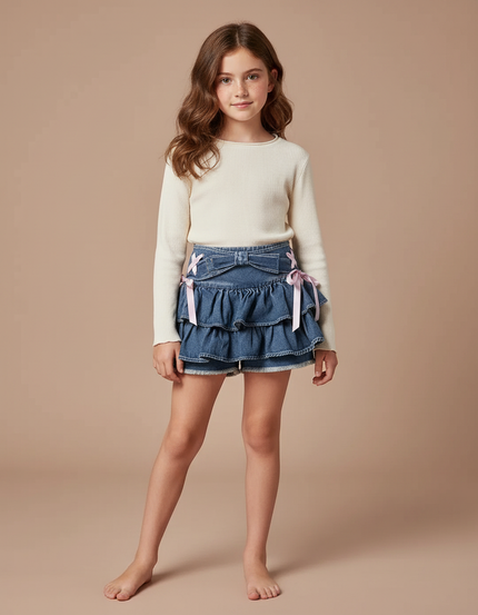 Pantalon Jupe Denim Volants Rubans Rose Fille - Bleu Jean