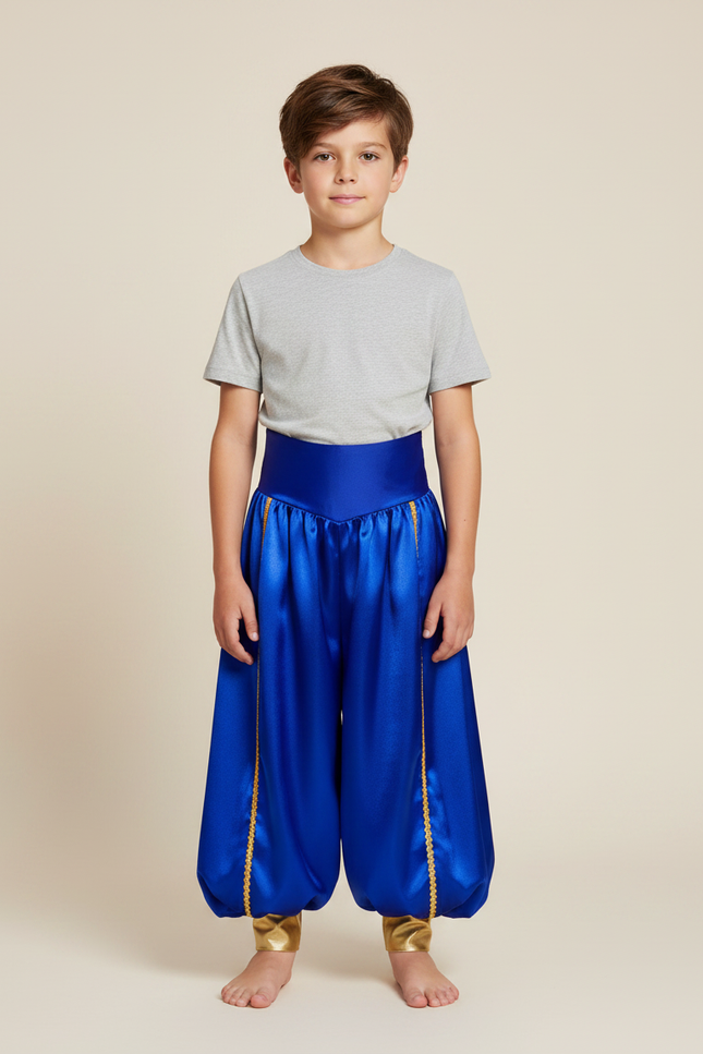 Pantalon Jupe Bleu Satiné Drapé Doré Garçon