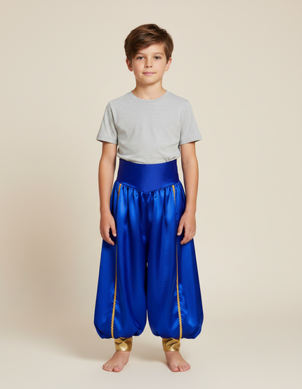 Pantalon Jupe Bleu Satiné Drapé Doré Garçon