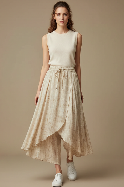 Pantalon Jupe Beige Lin Coton Fluide Superposé Décontracté