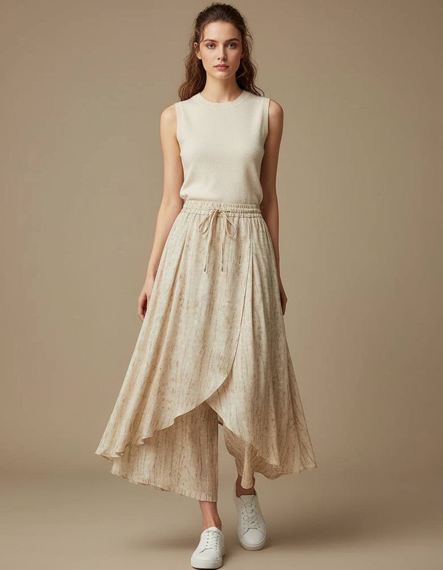 Pantalon Jupe Beige Lin Coton Fluide Superposé Décontracté
