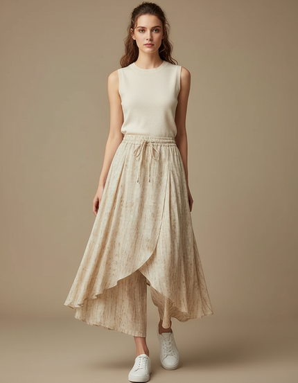 Pantalon Jupe Beige Lin Coton Fluide Superposé Décontracté