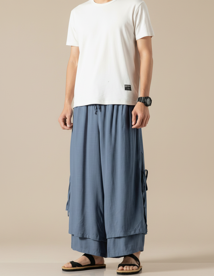 Pantalon Effet Jupe - Bleu Viscose